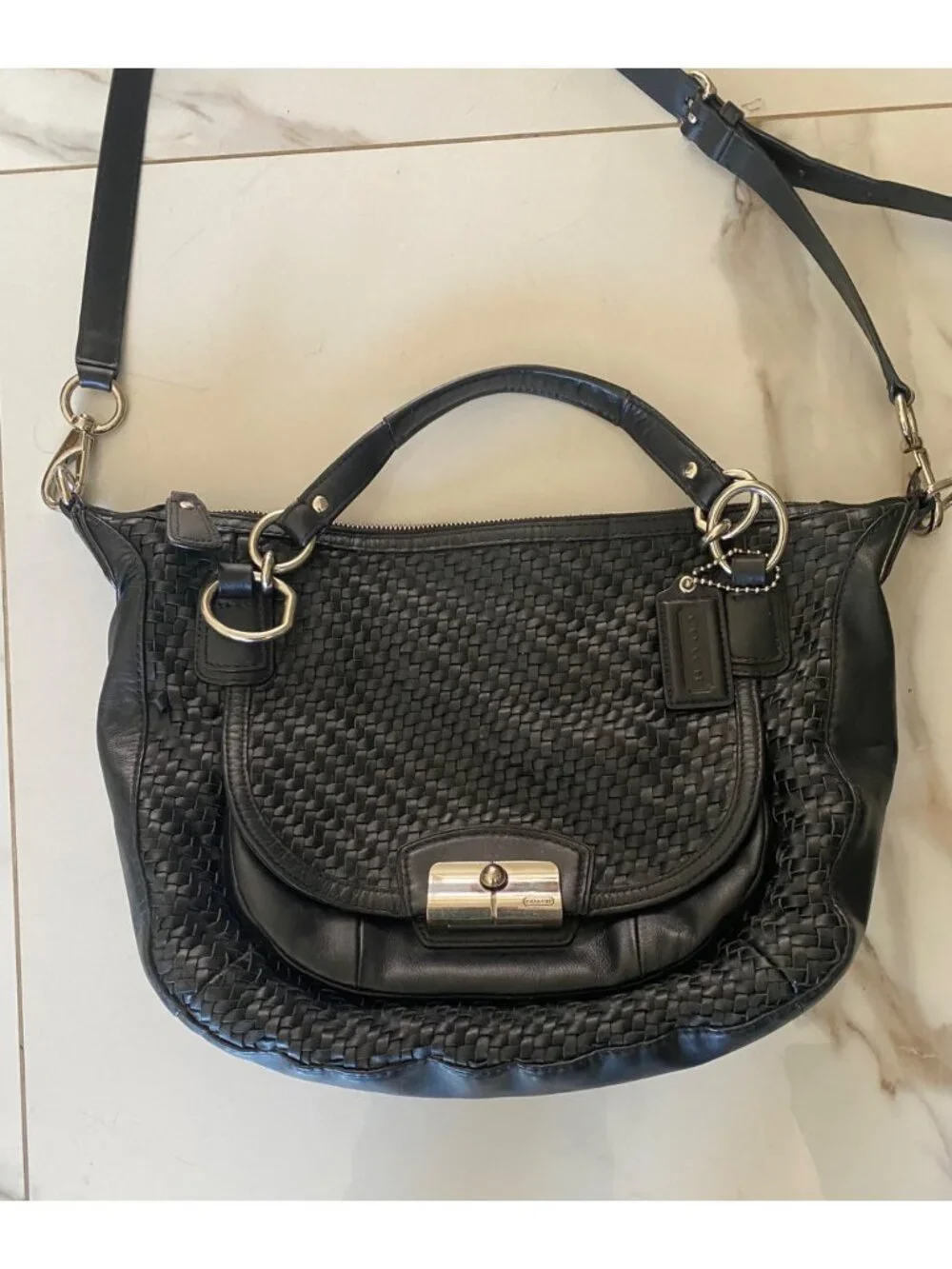Coach Kristin Black Woven Leather Satchel With Closure & Adjustable Strap